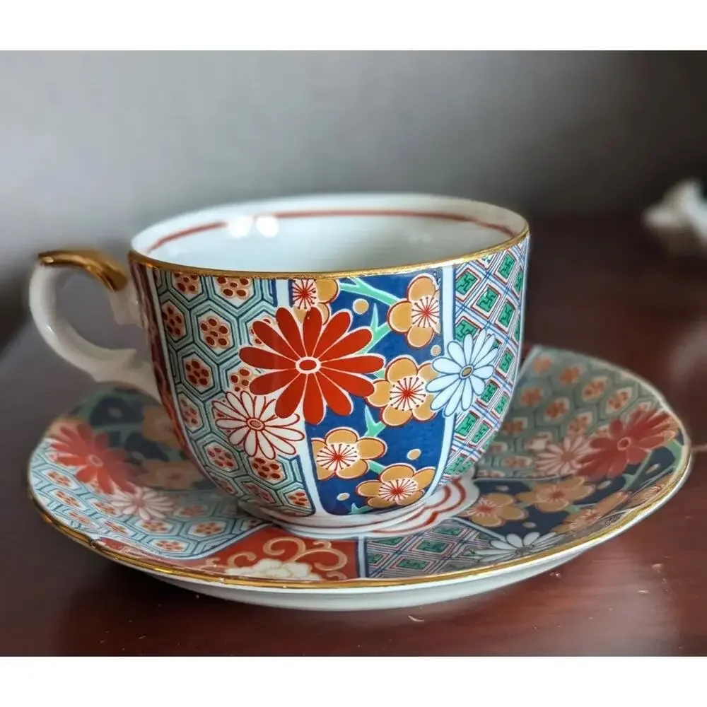 Vtg Arita Imari Teacup Saucer Set Japan Porcelain Fan Shape Kutani